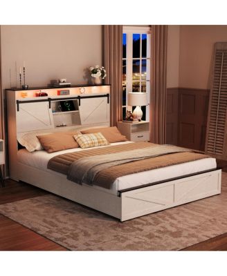  Farmhouse Queen Bed Frame w/Storage Headboard, Drawers, Charging & LED Lights, White