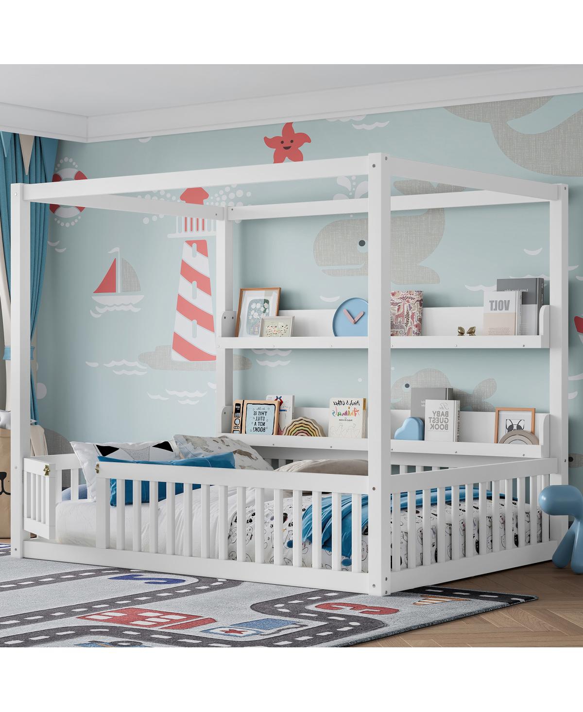 Streamdale Furniture Full Size Canopy Bed with Guardrails & Shelves