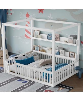  Full Size Canopy Bed with Guardrails & Shelves