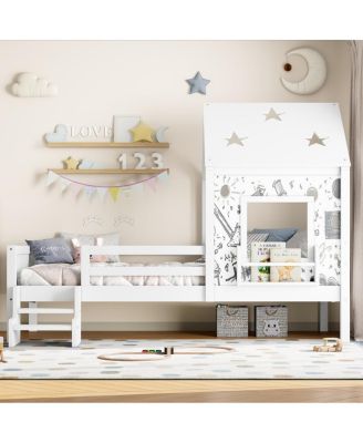 Twin House Bed with Stairs, Bookcase, Blackboard & Roof