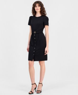 Women's Belted Puff-Sleeve Sheath Dress