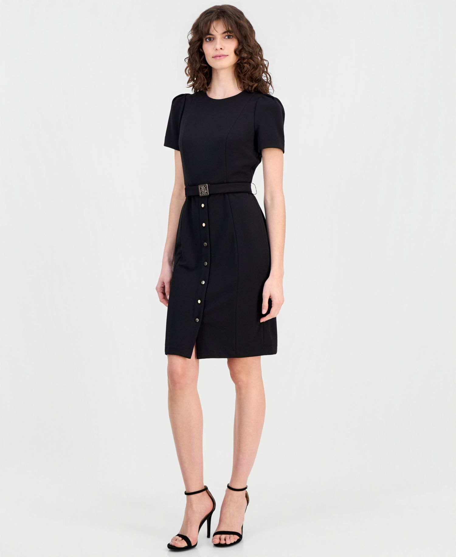 Women's Belted Puff-Sleeve Sheath Dress