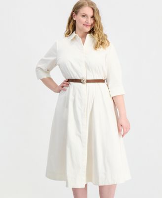 Plus Size 3/4-Sleeve Belted Shirt Dress