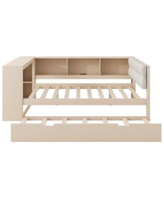 Wood Full Platform Bed w/Storage, Trundle, Charging Station, Upholstered Headboard