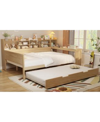 Streamdale Wooden Full Size Daybed with Storage Shelves & Twin Trundle Desk