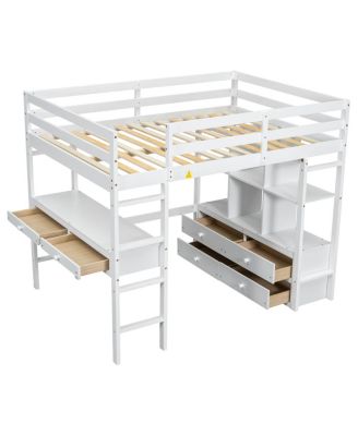 Streamdale Full Size Loft Bed with Desk, Drawers & Shelves, White