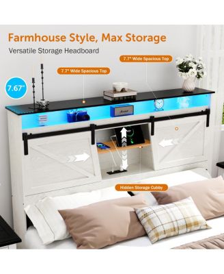 Farmhouse Full Bed Frame w/ Storage Headboard, Drawers, Charging & LED Lights