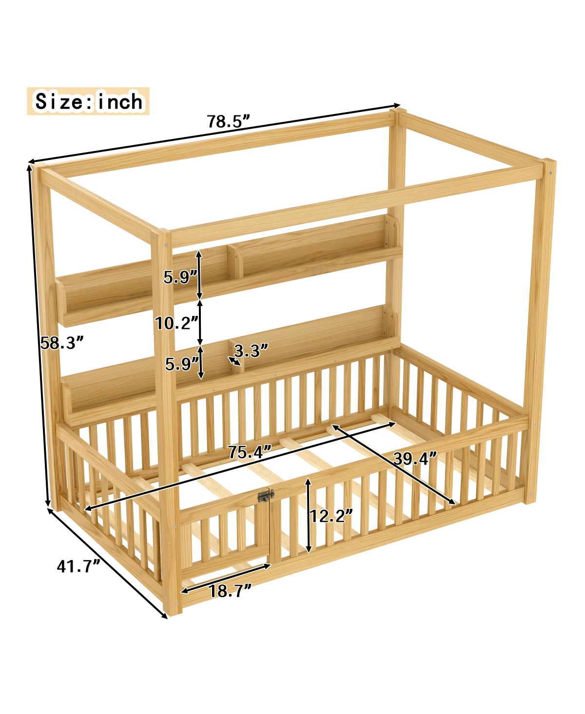 Streamdale Furniture Streamdale Twin Size Solid Wood Montessori Floor Bed Frame with Guardrails & Shelves