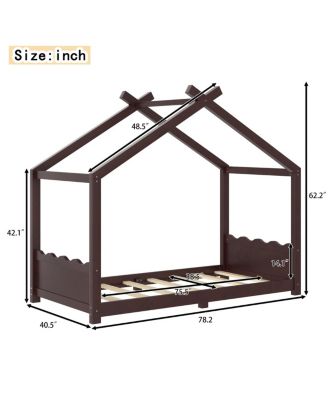 Twin House Floor Bed with Slats, Solid Wood House Bed Frame for Kids