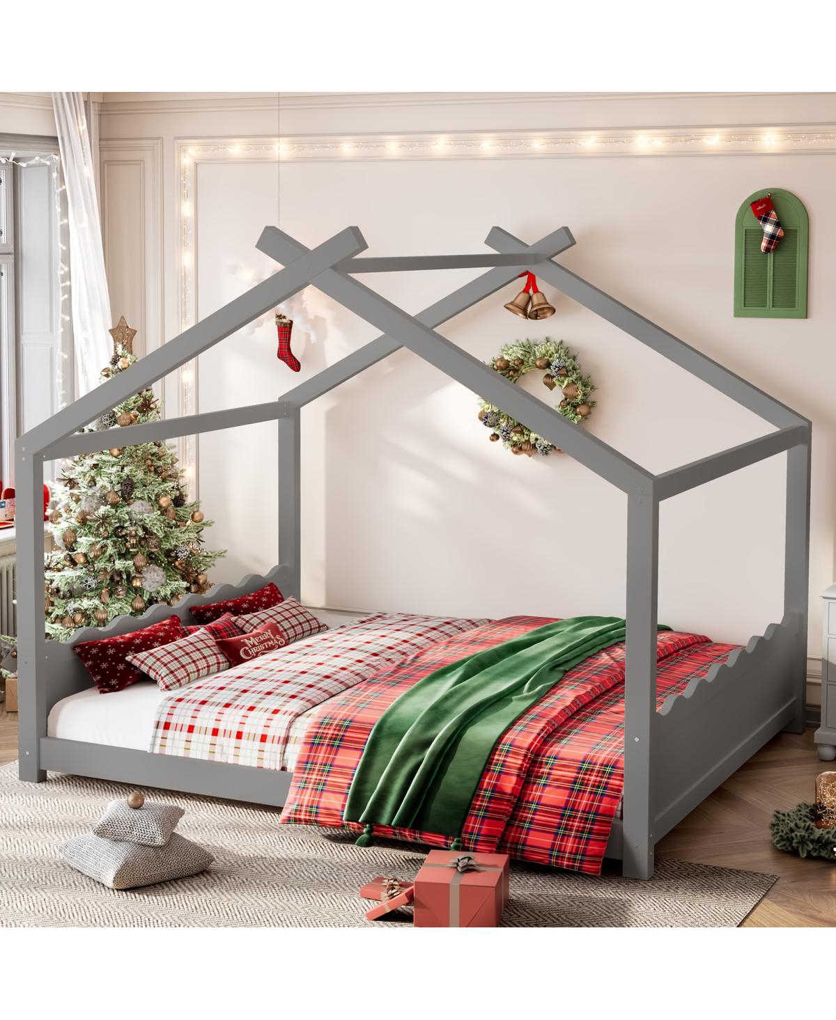 Streamdale Furniture Queen House Floor Bed with Slats, Solid Wood Frame for Kids