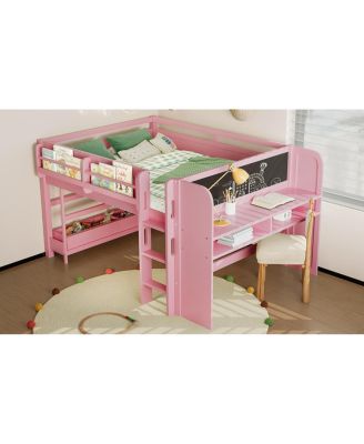 Full Loft Bed with Multi-storage, Solid Wood Low Loft Bed with Desk