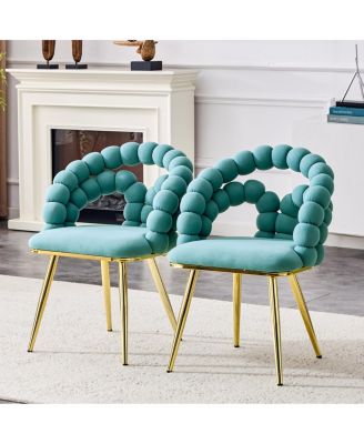 Set of 4 Teal Velvet Puffy Bubble Chairs with Gold Legs