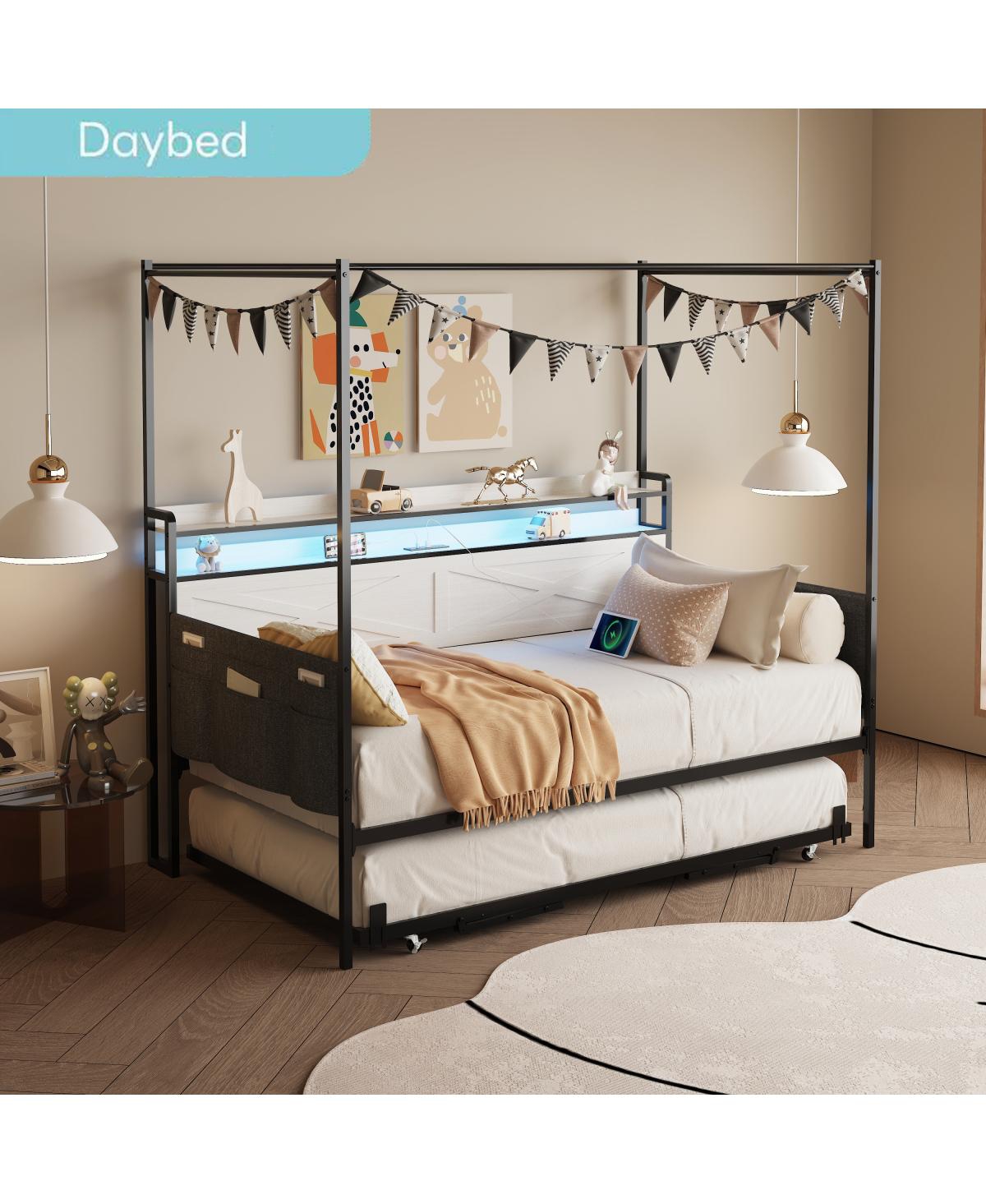 Streamdale Furniture Twin Daybed with Trundle - Heavy-Duty Metal Frame with Guardrails, White