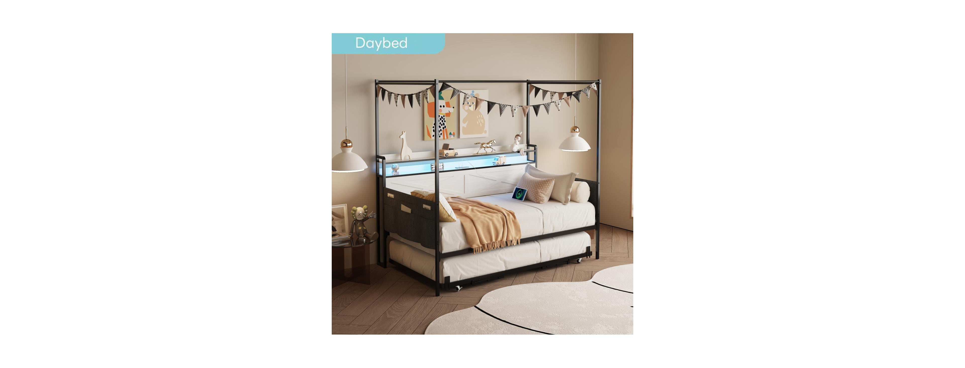 Streamdale Furniture Twin Daybed with Trundle - Heavy-Duty Metal Frame with Guardrails, White