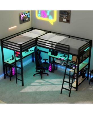 Metal L-Shaped Loft Bed with LED, Storage, 2 Desks & Charging Stations