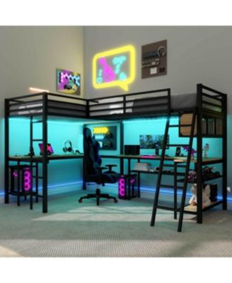 Metal L-Shaped Loft Bed with LED, Storage, 2 Desks & Charging Stations