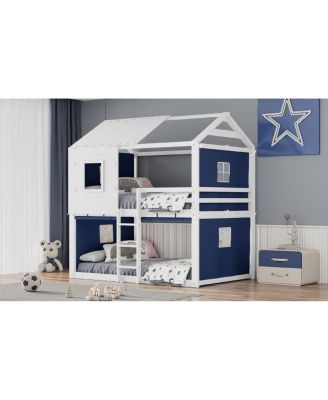 Full Size Bunk Wood House Bed with Tent