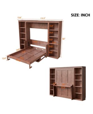 Full Size Murphy Bed with Desk and Bookshelf, Dark Brown