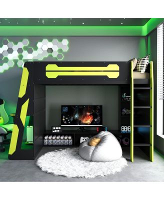 Wood Loft Bed with Desk, Multi-storage Shelves and RGB Light