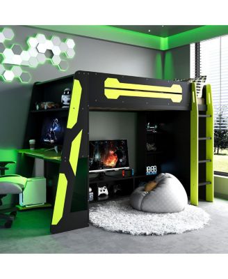 Wood Loft Bed with Desk, Multi-storage Shelves and RGB Light