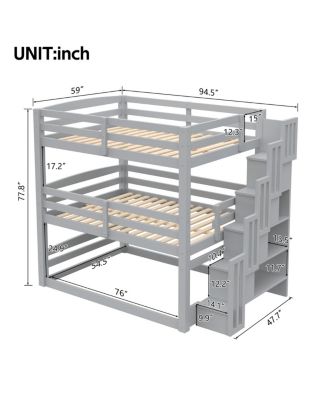 Full Size Triple Bunk Bed with Storage Staircase, Separate Design