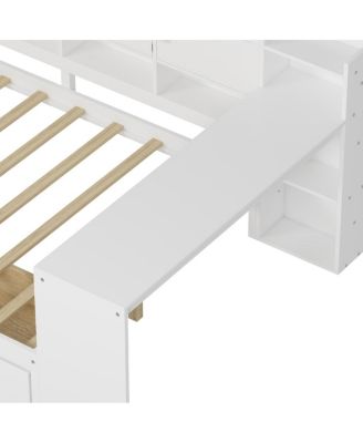  Wooden L-Shape Daybed with 7 Cabinets, 2 Drawers, Desk & Bookshelf, White