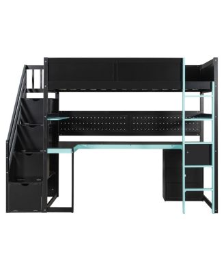 Twin Gaming Loft Bed with Storage Stairs, Desk, Shelves & Pegboard