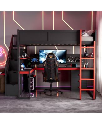 Full Size Wooden Gaming Loft Bed with Storage Stairs, Desk, Shelves & Pegboard