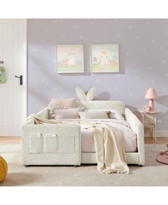 Streamdale Cute Rabbit Ear Boucle Platform Bed with Safety Rail & Pocket, Beige
