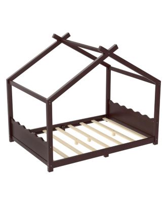  Full House Floor Bed with Support Slats, Solid Wood House Bed Frame for Kids, Espresso
