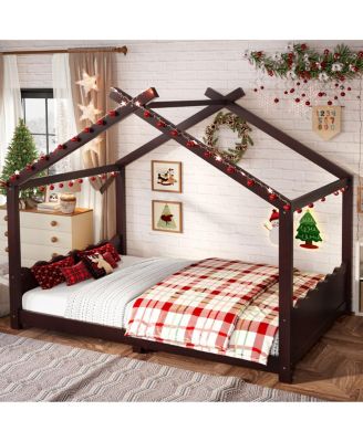  Full House Floor Bed with Support Slats, Solid Wood House Bed Frame for Kids, Espresso