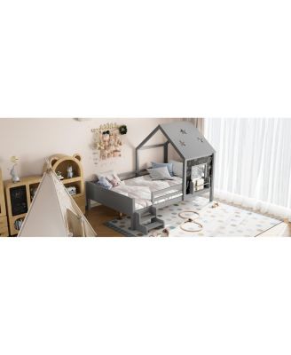 Full House Beds with Low-Profile Stairs, Window, Bookcase, Blackboard, Star Roof, Gray