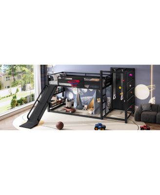 metal loft bed with basketball hoop, rings, climbing wall, slide, bookshelves