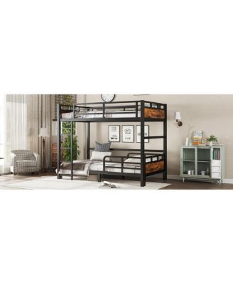 Twin XL over Twin XL Metal Bunk Bed/Loft Bed with Fence, Vintage Wood-Colored