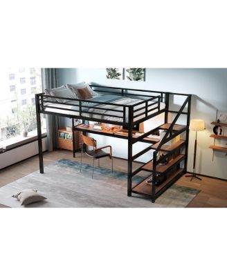 Streamdale Queen Loft Bed with Desk and Storage Stairs, Metal Loft Bed with LED Lights & USB Ports, Black