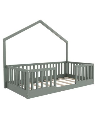  Twin Floor Bed with High Rails, Montessori Wooden Bed with Light, Gray