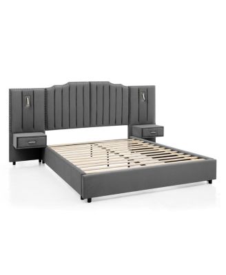 Velvet Upholstered Bed Frame with Vertical Stripes