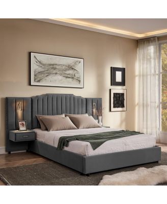 Velvet Upholstered Bed Frame with Vertical Stripes