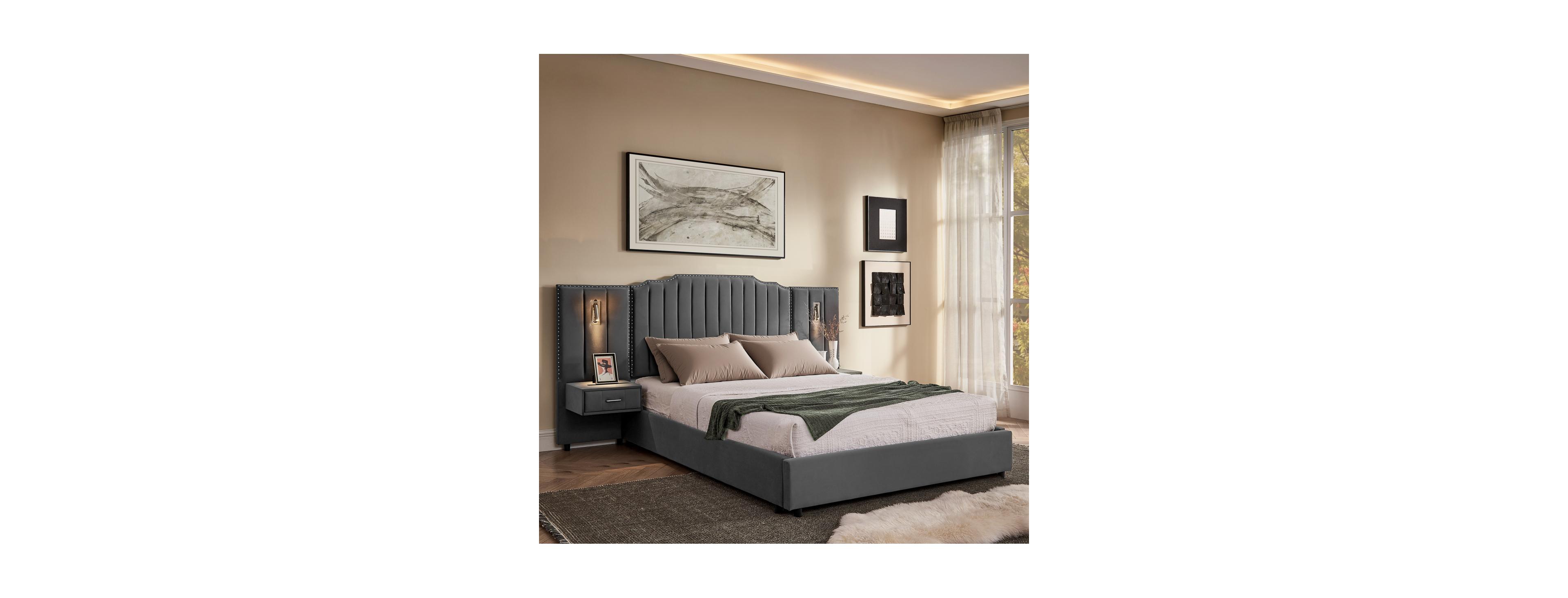 Streamdale Furniture Velvet Upholstered Bed Frame with Vertical Stripes