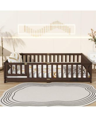  Full Size Floor Bed with Fence, Door, and Safety Guardrails