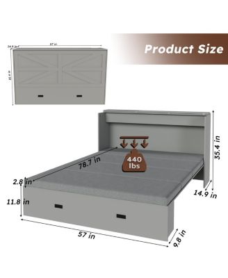 57" Murphy Bed with Storage, Charging Cabinet, Foldable Panels, Swivel Wheels, Gray
