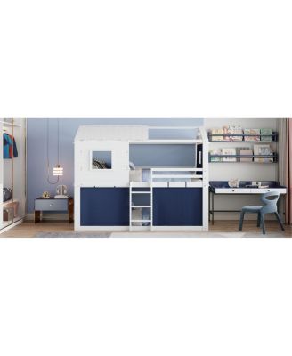 Twin Size Bunk Wood House Bed with Tent