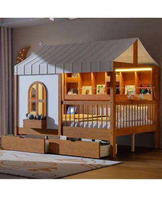 Streamdale Full Size House Bed with 2 Large Drawers, Side Bookshelf with LED Strip, Walnut
