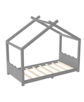 Twin House Floor Bed with Slats, Solid Wood House Bed Frame for Kids, Gray