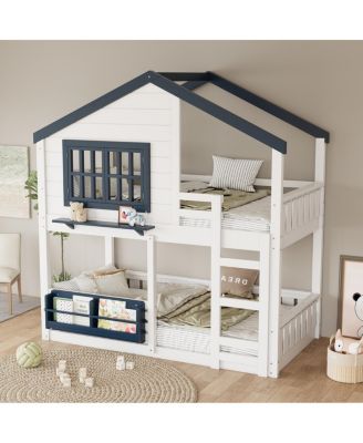 Twin Bunk/Loft Bed with Bookshelf, House Design, Safety Fencing, White & Blue