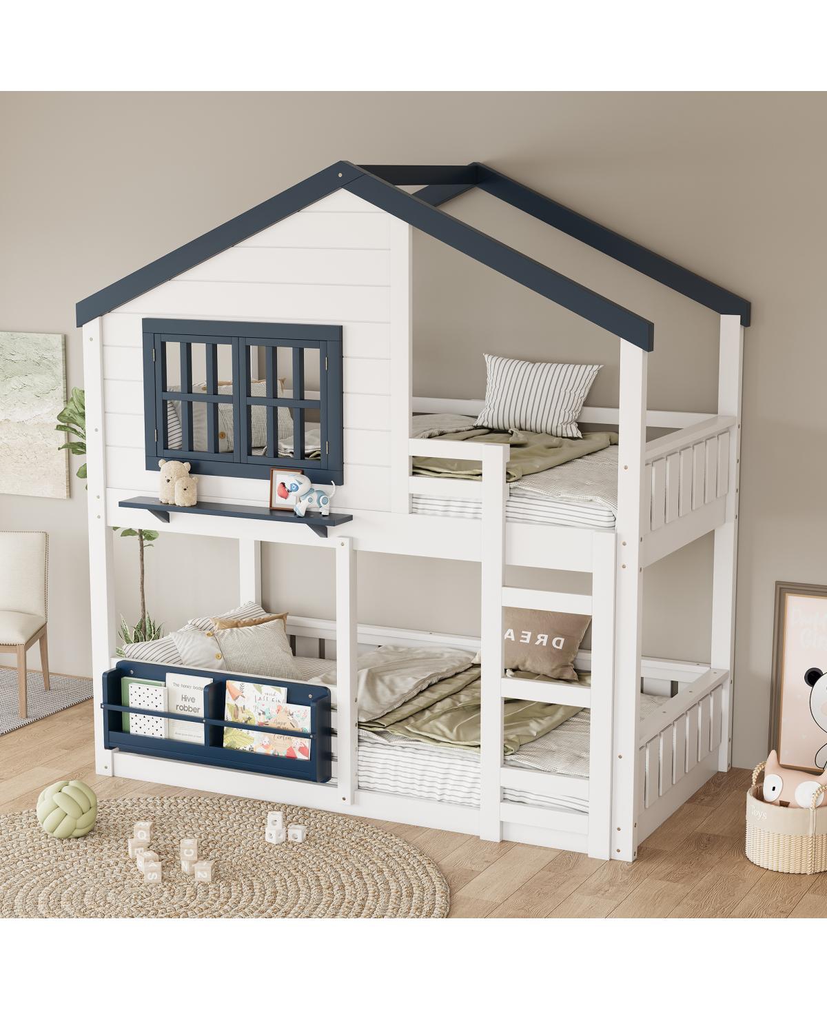 Streamdale Furniture Twin Bunk/Loft Bed with Bookshelf, House Design, Safety Fencing, White & Blue