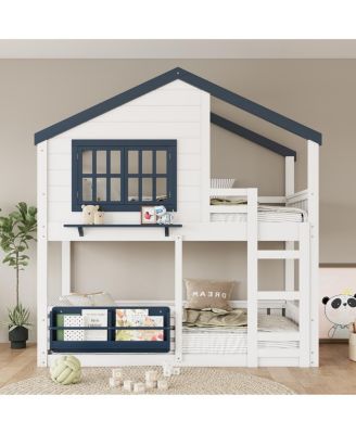 Twin Bunk/Loft Bed with Bookshelf, House Design, Safety Fencing, White & Blue