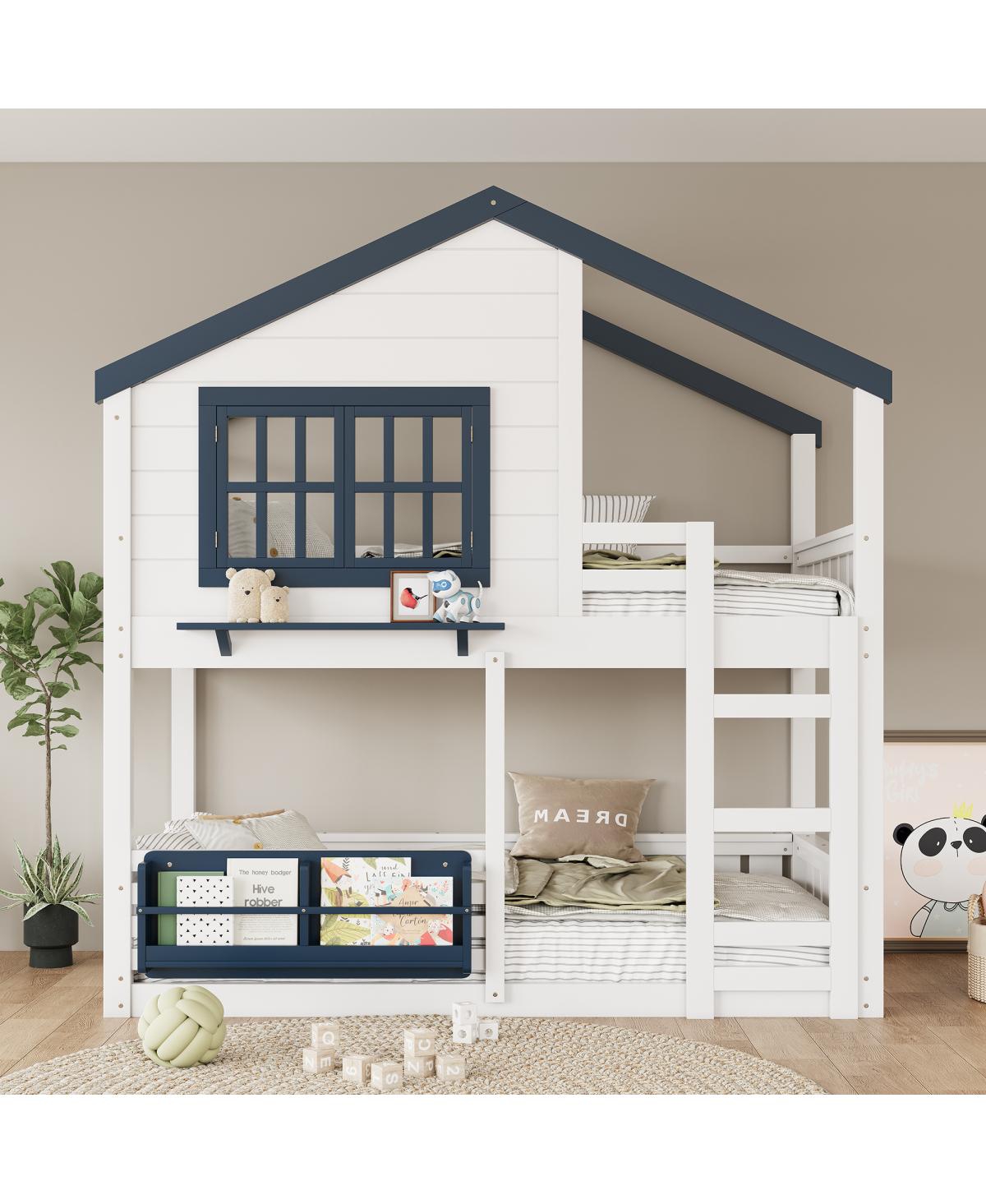 Streamdale Furniture Twin Bunk/Loft Bed with Bookshelf, House Design, Safety Fencing, White & Blue