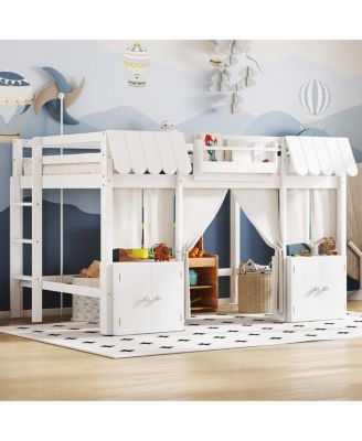  Full Loft Bed with Bookshelf, Curtain, Storage Shelf, Playful Design, White