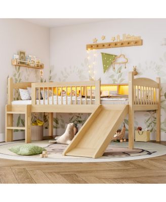 Twin XL Loft Bed with Storage Shelves, LED Lights, Guardrails, Natural